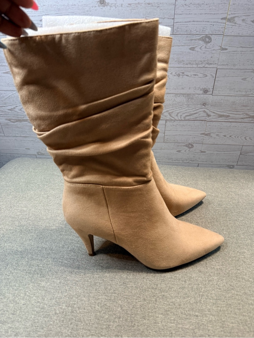 Dream Pairs Slouchy Pointed-Toe Mid-Heel Boots in Tan